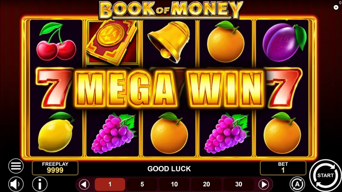 Interface do slot Book of Money com símbolos clássicos de frutas e livros místicos