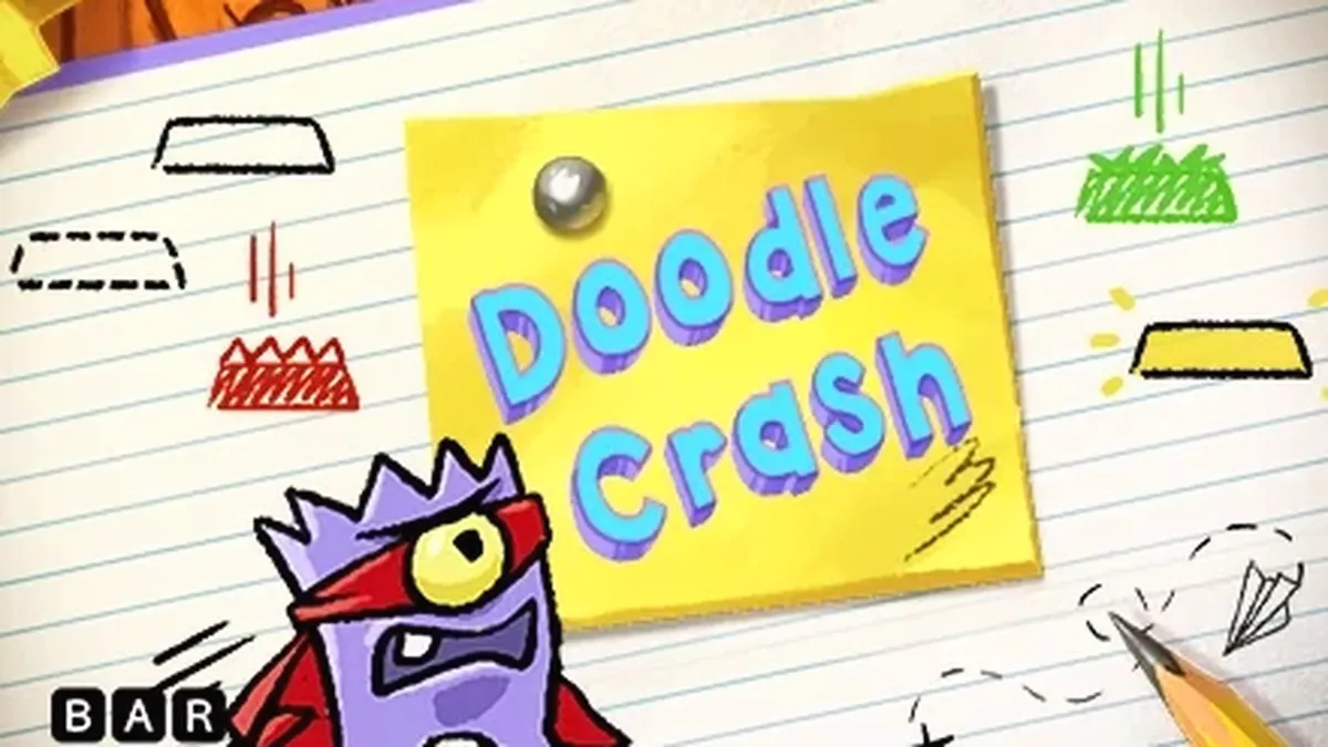 Interface do jogo Doodle Crash com estilo visual de arcade retrô